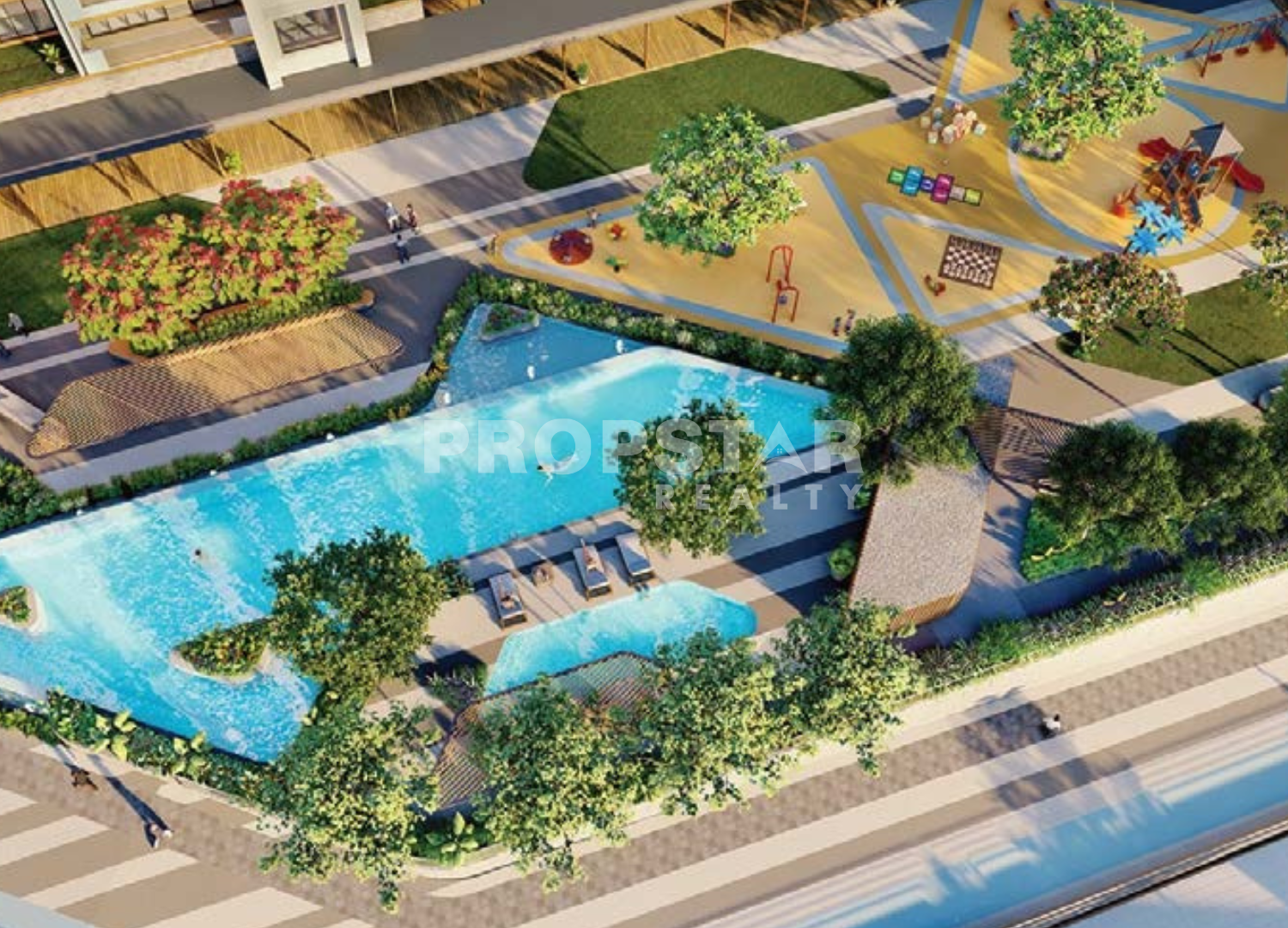 Aerial view of a resort-style residential complex with a large turquoise pool, surrounding greenery, and a colorful playground area.