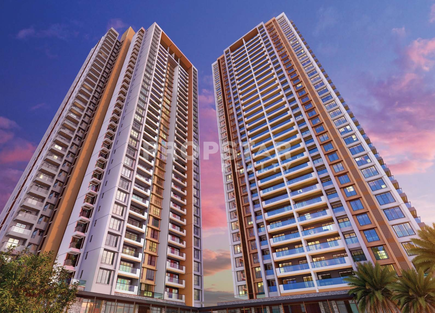 Two tall modern residential towers leaning toward each other against a pink-and-blue sunset sky in the background.